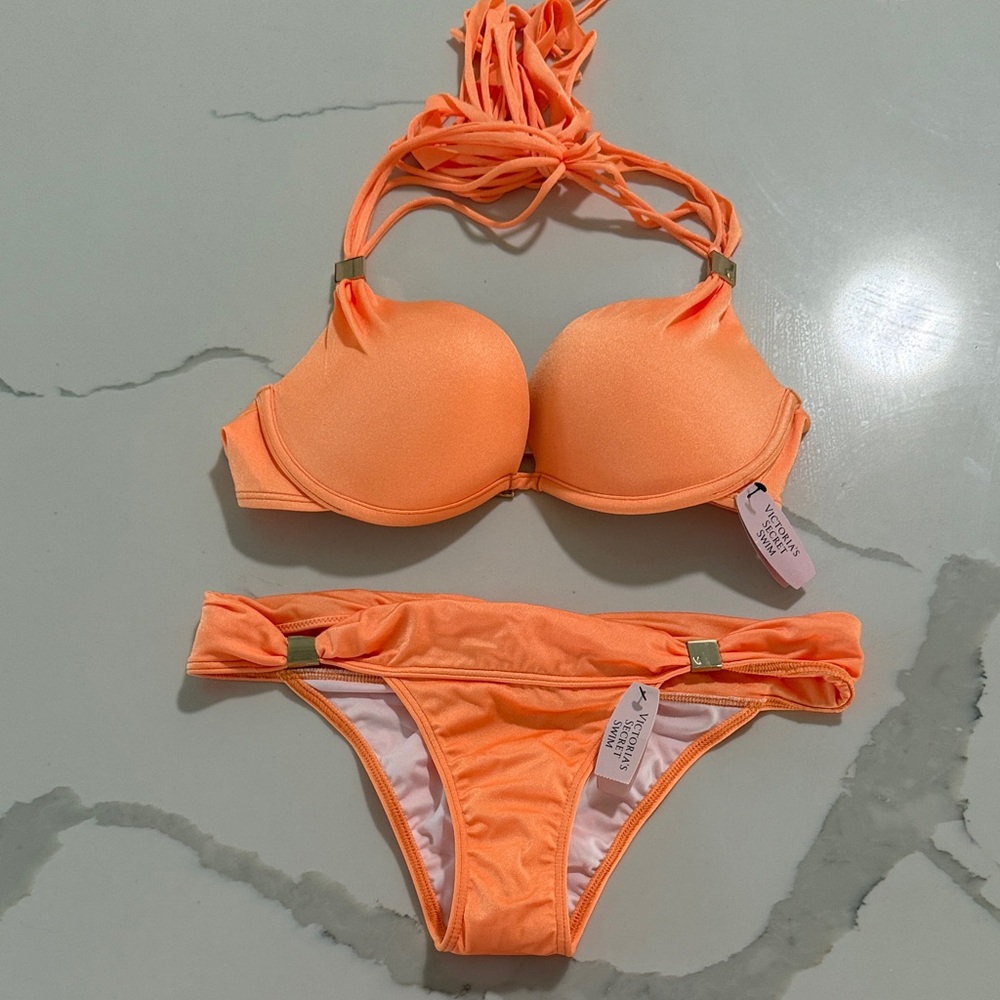 Victoria's Secret Neon Orange Halter Push-Up Bikini